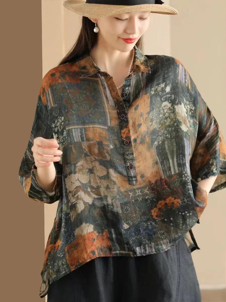 

Johnature Жіноча літня сорочка у вінтажному стилі з принтом з відкладним коміром, вільна сорочка з напіврукавом у формі ніші. XL