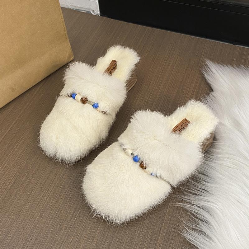 

Пушистые тапочки на толстой подошве для женской уличной обуви 2025 осень-зима новые модные хлопковые тапочки с бисерной отделкой в зарубежном стиле для дома высокого класса 40 бежевый