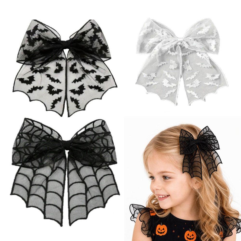Lace Tulle Veil Hair Clips Bat Embroidery Gothic Style Halloween Hairpins Mesh Bow Christmas Tree Bow Hair Clips