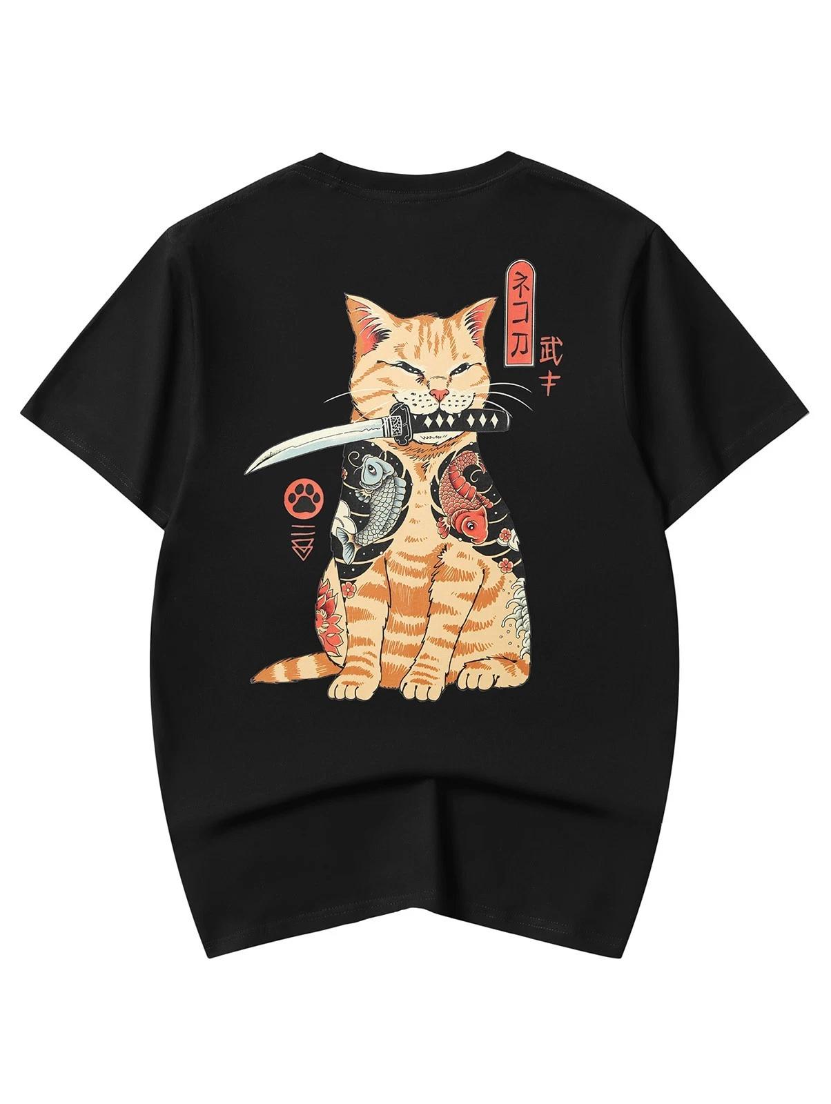 Niepce Samurai Swordart Cat Graphic Tee Japanese Streetwear Crewneck T-Shirt 2XL