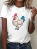 Lustiges Hühnchen mit Brille T-Shirt Damen Kurzarm Lässiges Oberteil Niedliche Bauernhoftier Grafik Komfort Weicher Stoff für den Alltag