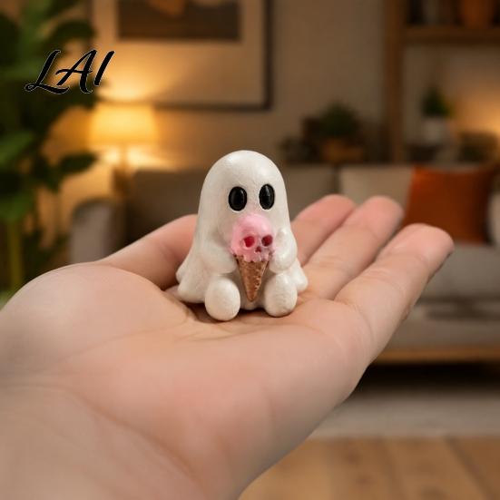 Sweet Cool Room Ornaments Halloween Mini Ghost Decorative Figurine 3D Printed White Statue with Pink Skull Ice Cream Cute Desktop Ornament for Home