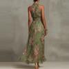 Maxikleid mit unregelmäßigem Schlitz, Mesh-Print, Falten und Spaghettiträgern für Damen (Modelljahr 2026)