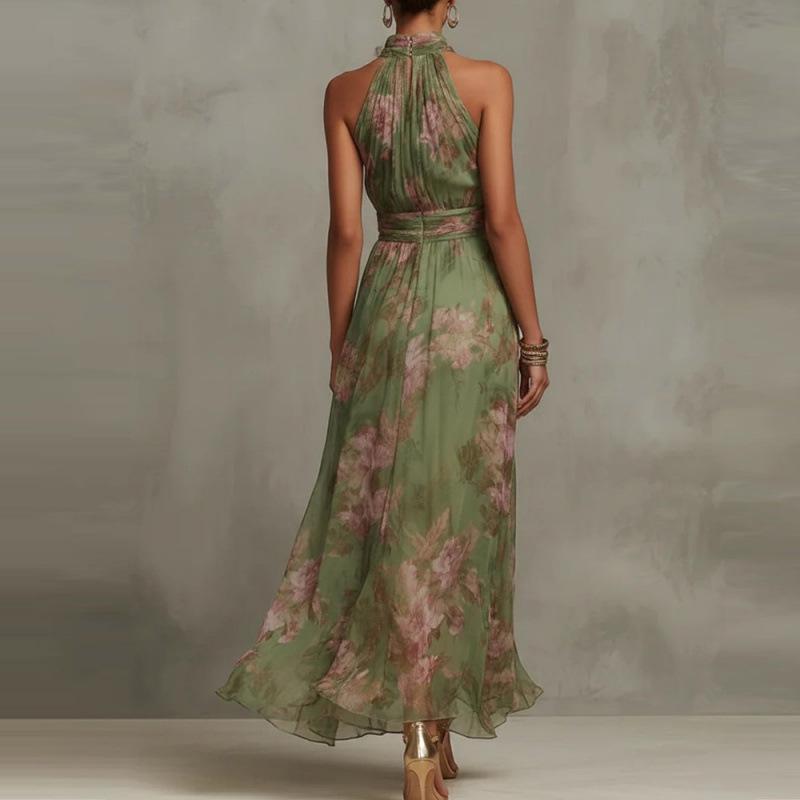 Maxikleid mit unregelmäßigem Schlitz, Mesh-Print, Falten und Spaghettiträgern für Damen (Modelljahr 2026)