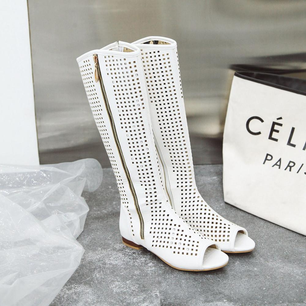 Mode Mode Damen Ballerinas Kniehohe Sommerstiefel Peep Toe Blockabsatz Flechtwerk Partyschuhe Retro Rom Sexy Damen Schuhe Größe 34-43