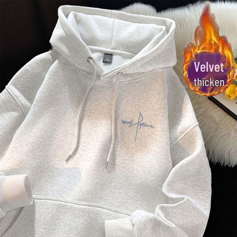 Men's Gray Hooded Sweatshirt: Thick, Velvet-Lined, Trendy American Style for Autumn/Winter