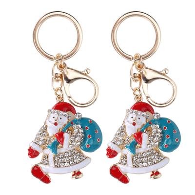 2Pcs Keychain Pendant DiamondStudded Cartoon Santa Claus Metal Key Ring Car Decoration