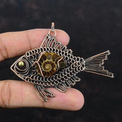Ammonite Fossil Pendant Copper Wire Wrapped Pendant Gemstone Pendant Copper Jewelry Handmade Fish Pendant Wire Wrap Jewelry Anniversary Gift