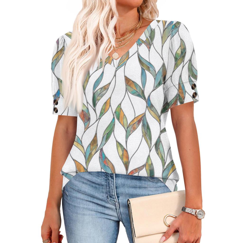 Womens Tops Short Sleeve Shirts Buttons V Neck  Fashion Outfits  Blouses  Casual