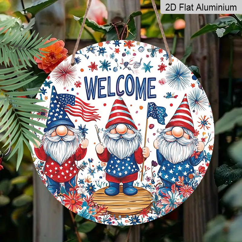 2D Flat, 1pc 4th of July Wreath Gnome Welcome Door Decor, Patriotic Bow Round Aluminum Decorative, American Star Flag, Weatherproof Metal Wall Decor