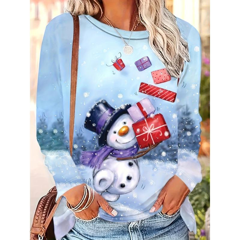 Fashion 3D Print Snowman Christmas Theme O-Neck Long Sleeve T-Shirts Womens Clothing Casual Y2K Clothes Harajuku Female Clothing