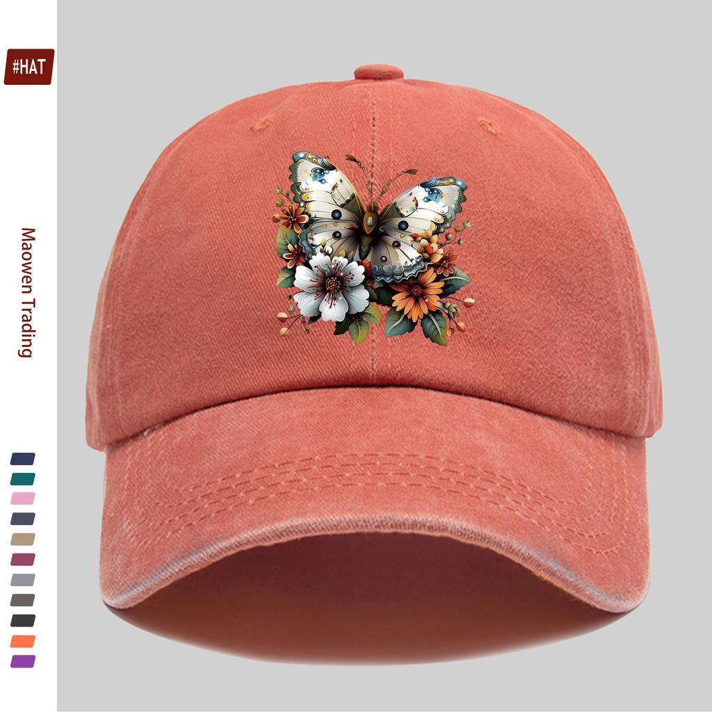 pc Butterfly and Flower Print Baseball Cap Home Casual Decorative Hat Colorful Floral Print Papa Hat with Adjustable Strap M