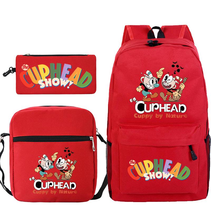 Cartoon Teacup Head Cuphead Student Backpack Oblique Span Bag Pencil Bag Primary And Secondary School Students Children'S Schoolbag Three-Piece Set