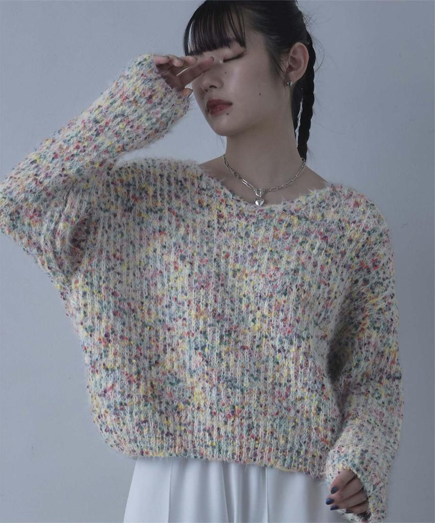 miette Color Nep Oversized Knit REW18105 Free Size Ivory V-Neck Women's