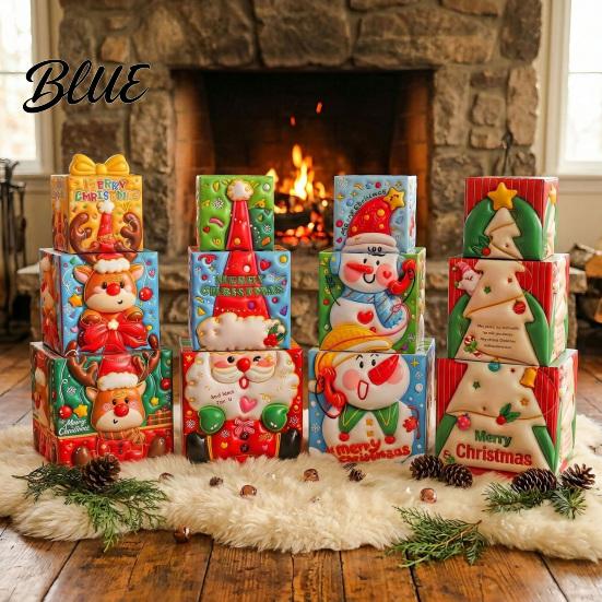 Stackable Xmas Ornaments 3Pcs Christmas Gift Box, Layered Cube Plastic Boxes with Santa Festive Storage Bins Snowman Reindeer, Tabletop Display