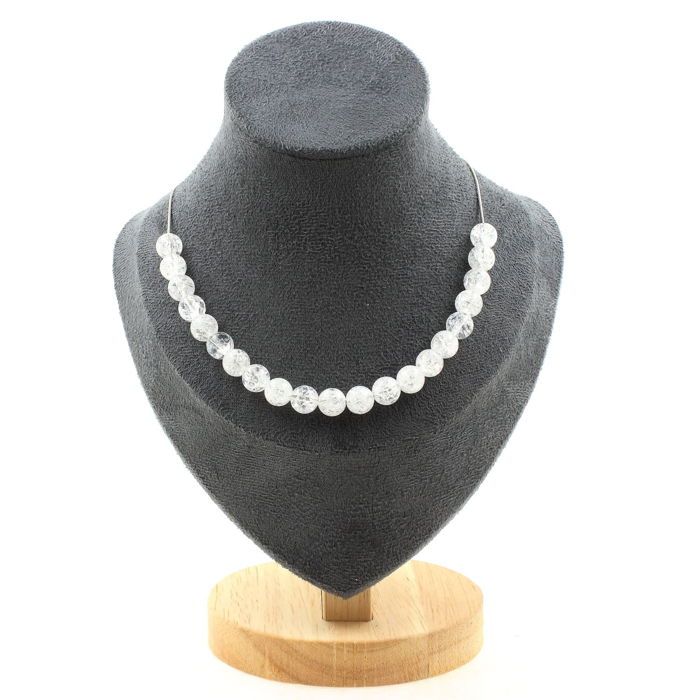 Pierres et Minéraux. Collier 20 perles Quartz craquelé du Brésil 8 mm Chaine en acier Collier femmes, hommes. Taille personnalisabl