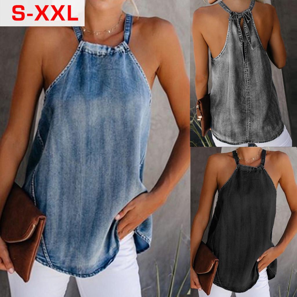 

Модная женская повседневная однотонная джинсовая жилетка без рукавов, футболка, блузка, топы с лямкой на шее