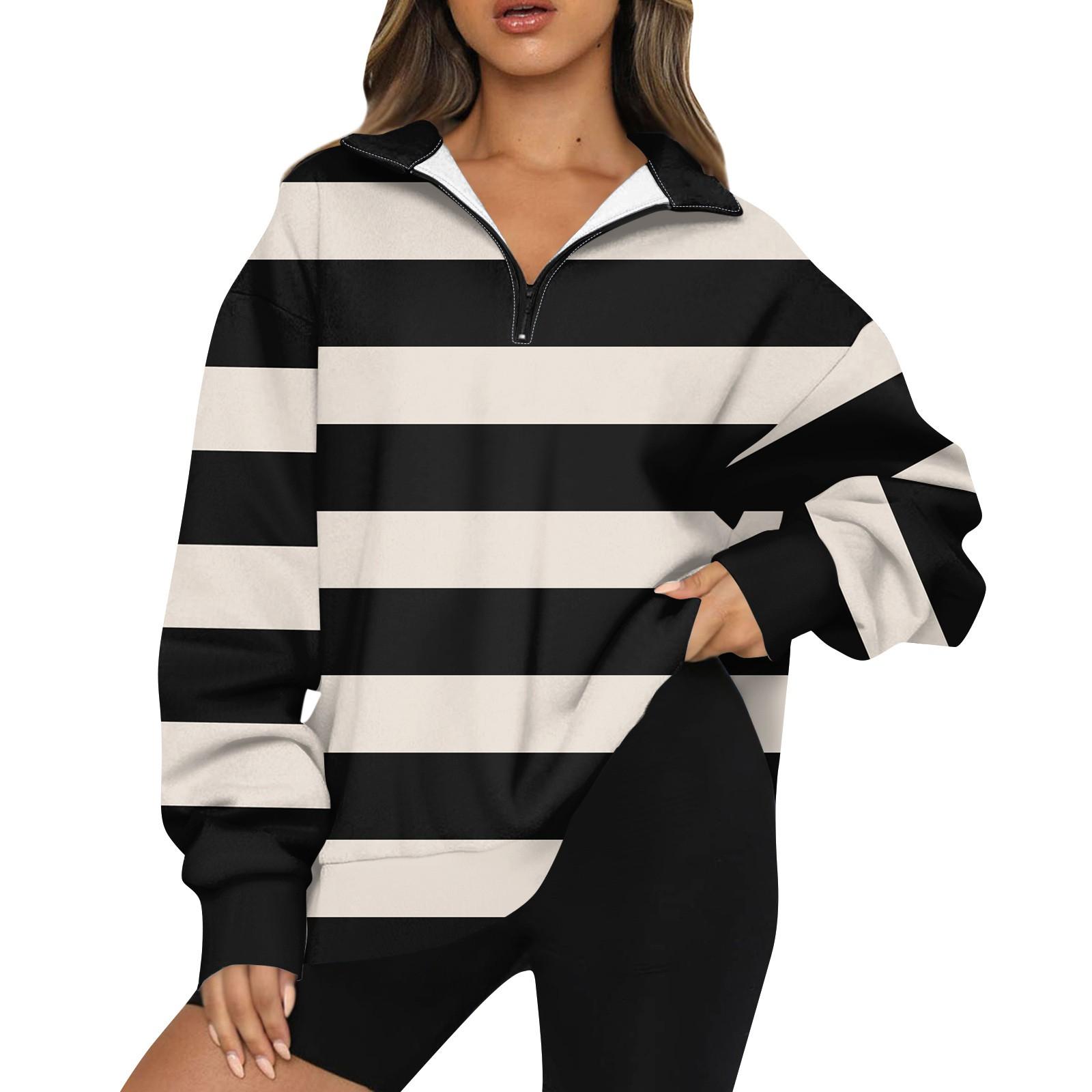 

Женская модная толстовка с длинным рукавом и принтом в полоску с отворотом на молнии XL чёрный