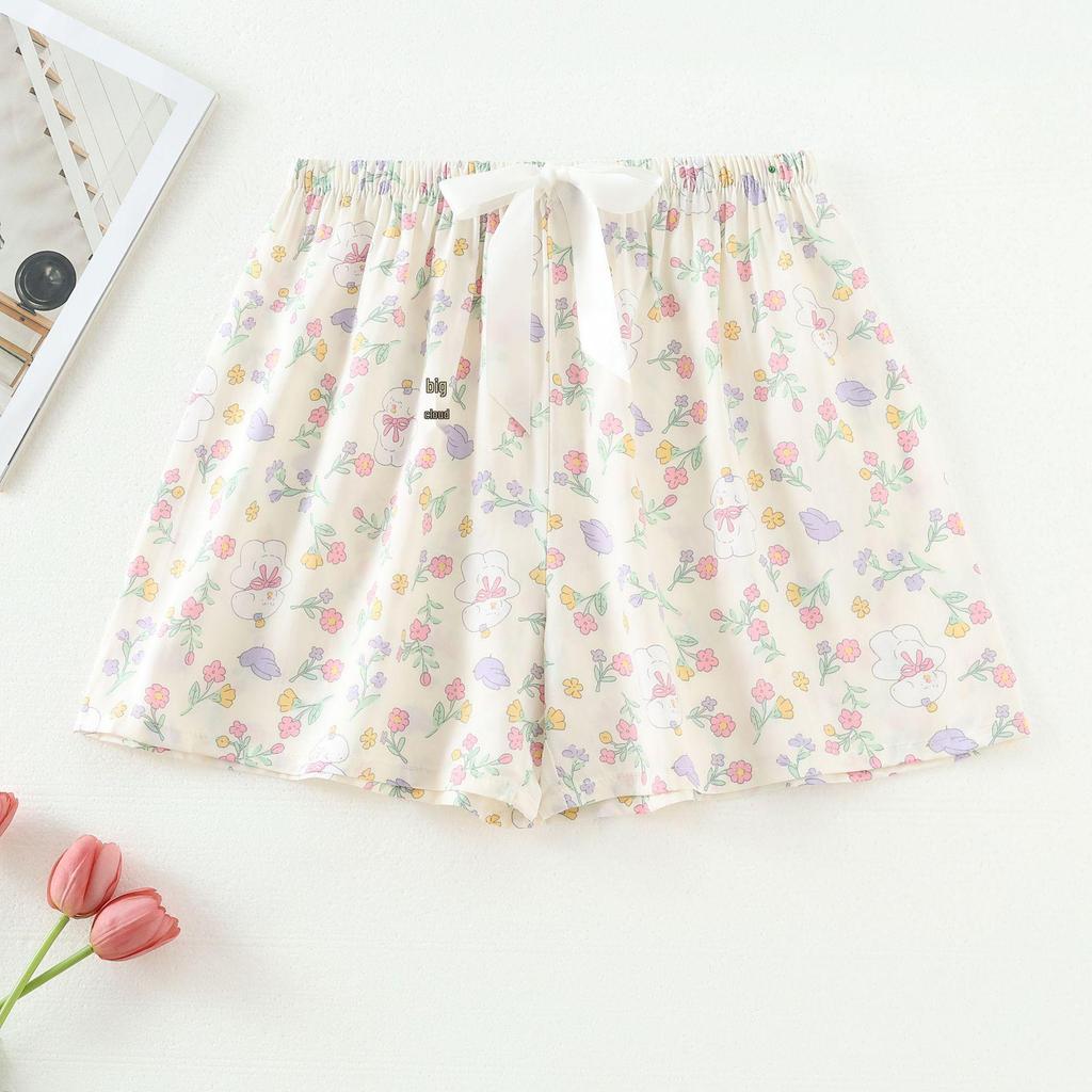 Women's Summer Cotton Silk Drapey Floral Shorts with Elastic Waist