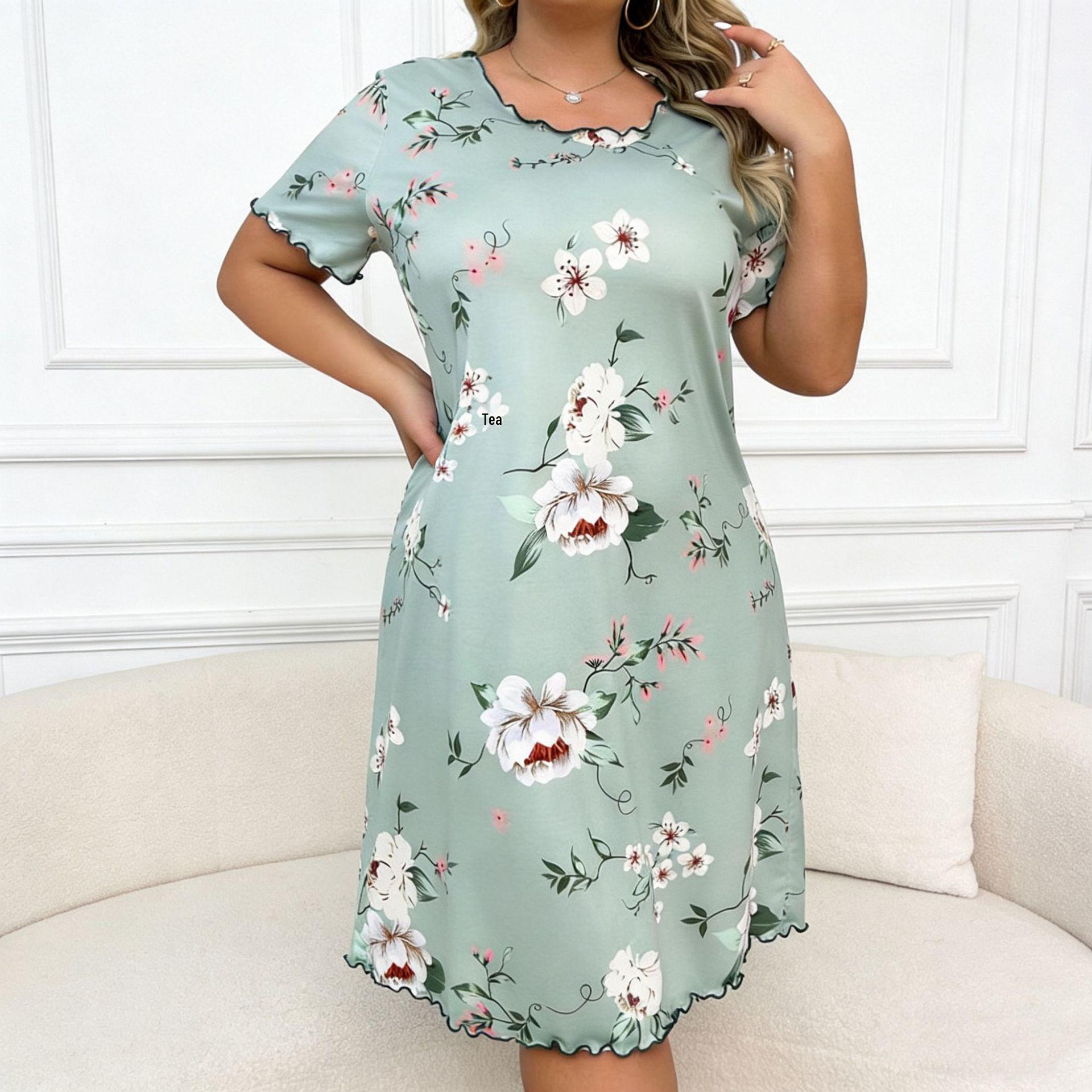 Plus Size Floral Print Short Sleeve Round Neck Pajama Dress 4XL зелёный