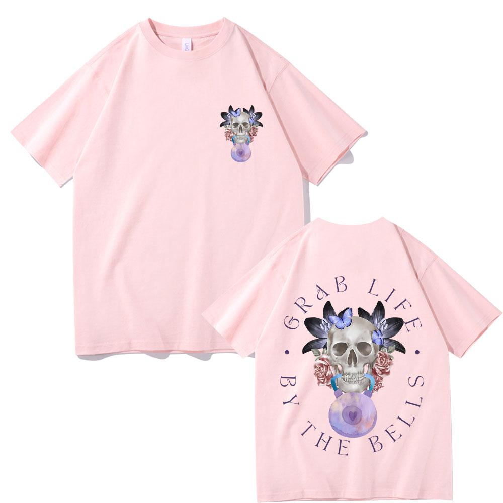 Grab Life By The Bells Gym Pump Cover T-shirt Men's Funny Kettlebell Skeleton Short Sleeve Male Fashion Casual Oversized Tees