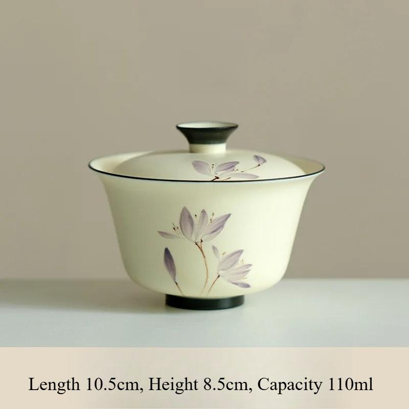 110ml Powder Yin Pure Hand Drawn Purple Orchid Gaiwan Aesthetic Tea Tureen Tea Bowl With Lid Kit Tea Maker Cover Bowl Teaware