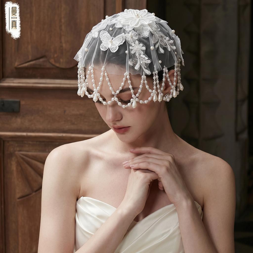 Vintage Lace Birdcage Wedding Veil, Pearl Tassel Bridal Cap Veil, Butterfly Floral Lace Beaded Headpiece for Bride