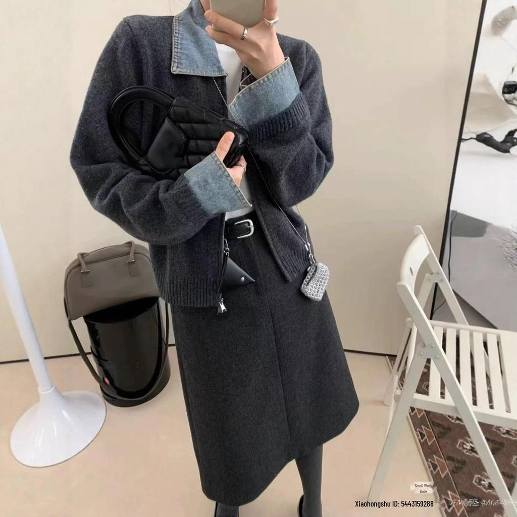 Women's Casual Cashmere Knit Denim Lapel Cardigan with Double Zipper