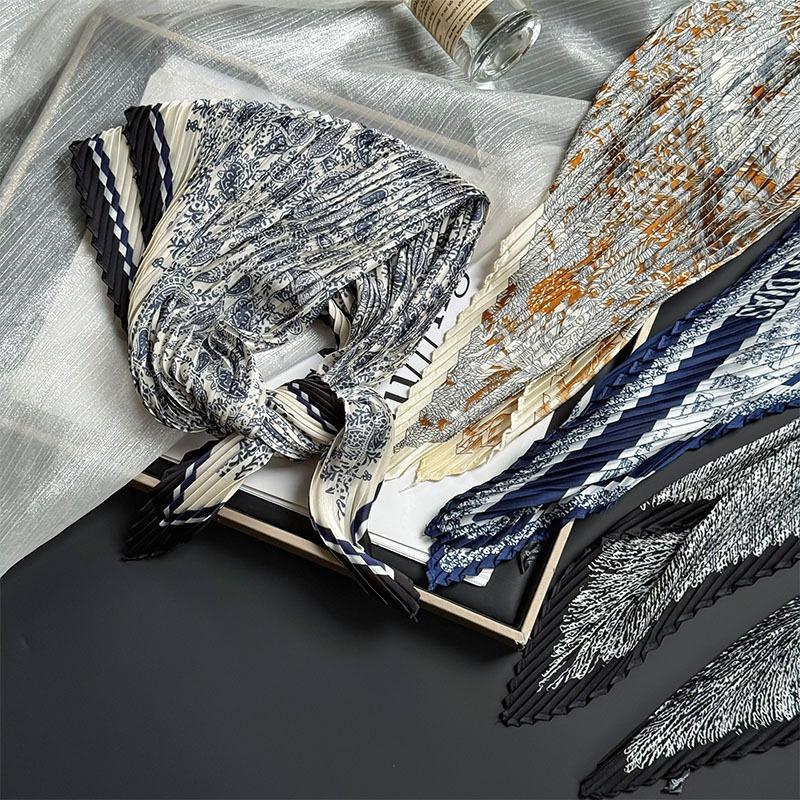 Wrinkled square scarf women's new imitation silk printing silk scarf high-end headscarf headband pleated small scarf shawl