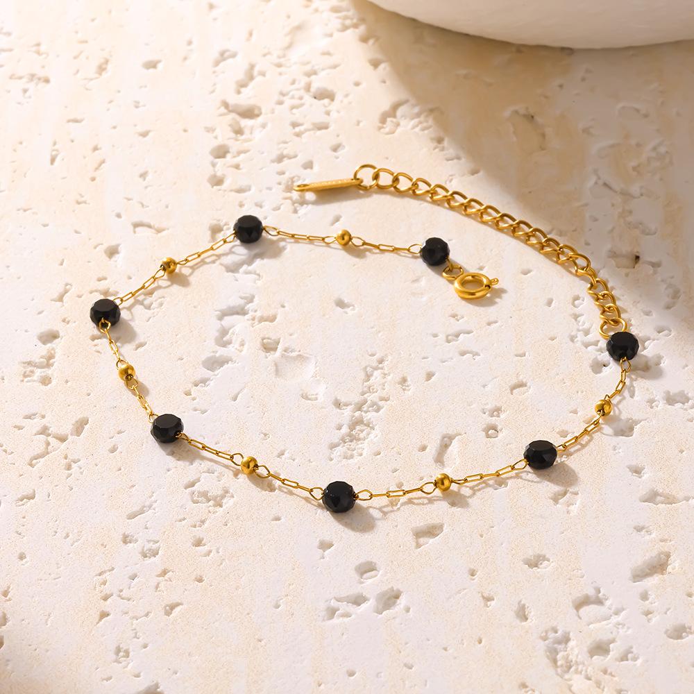 European and American fashion temperament black glass bead bracelet bracelet, 18k gold plated stainless steel light luxury bead chain jewelry
