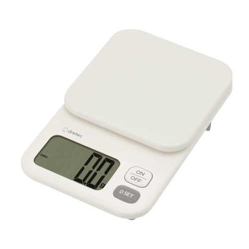 Dretec Digital Scale, Made in Japan, 2kg/0.1g Units, Tare, Large Screen, Kitchen Scale, Cooking, White