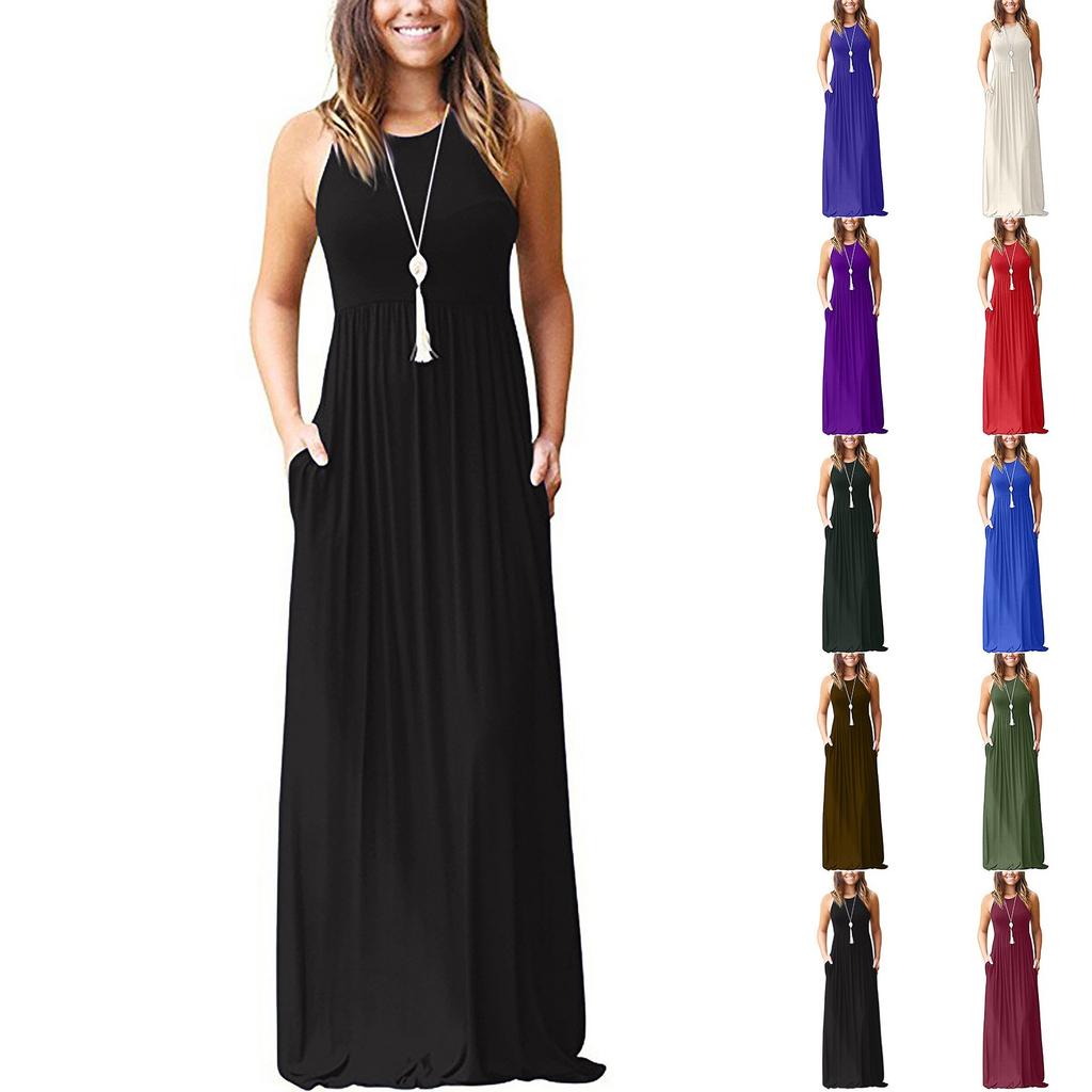 Women's Summer And Spring European And American Solid Color Pocket Drees