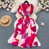 Light Luxury Retro Collar Printed Dress Women's Summer French Lace-up Waist Loose and Thin Medium and Long Shirt Skirt