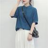 Women's Mandarin Collar Three-Quarter Puff Sleeve Blouse Loose Fit Vintage Casual Solid Linen Cotton Shirt Office Top