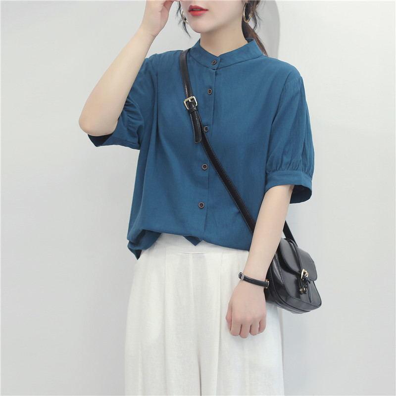 Women's Mandarin Collar Three-Quarter Puff Sleeve Blouse Loose Fit Vintage Casual Solid Linen Cotton Shirt Office Top