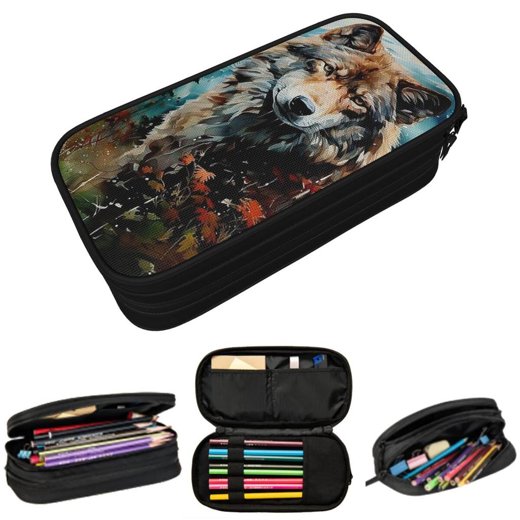Wolf in der Wildnis Aquarell-Federmäppchen für Schülergeschenke Stiftebox Federtasche Schreibwaren Stifthaltertasche