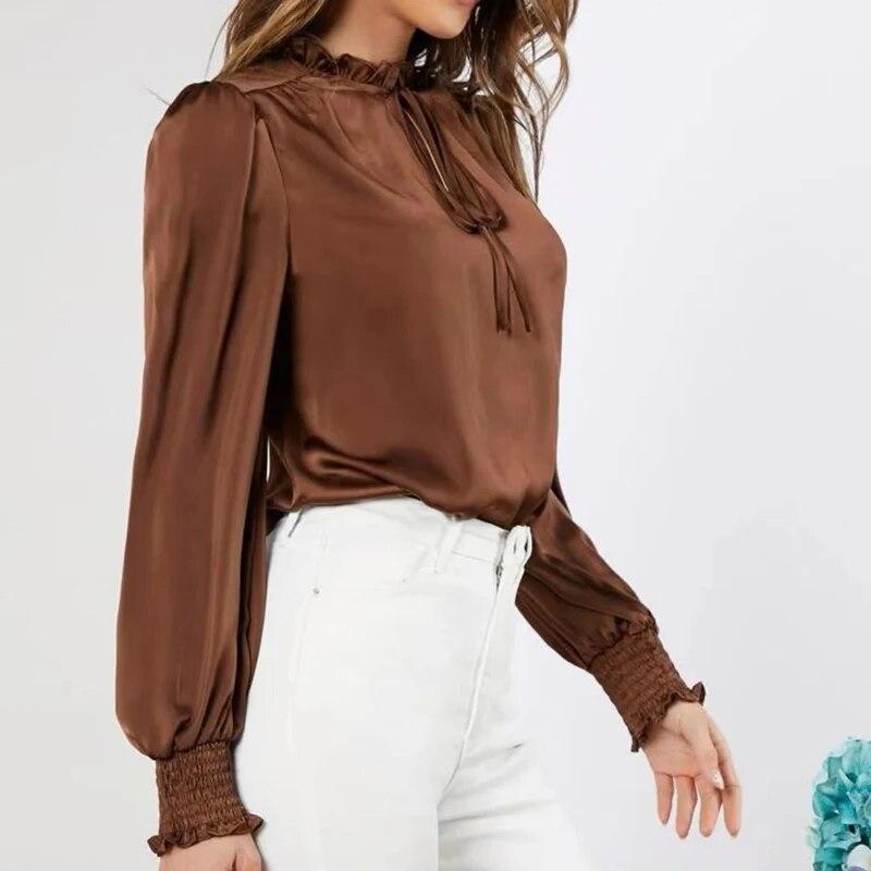 Elegante Satinbluse für Damen, Bürodame, solide Schnür-Langarm-Seidenhemden, Sommer-Rüschenausschnitt, grüne Blusen, Tops, Blusas 23346