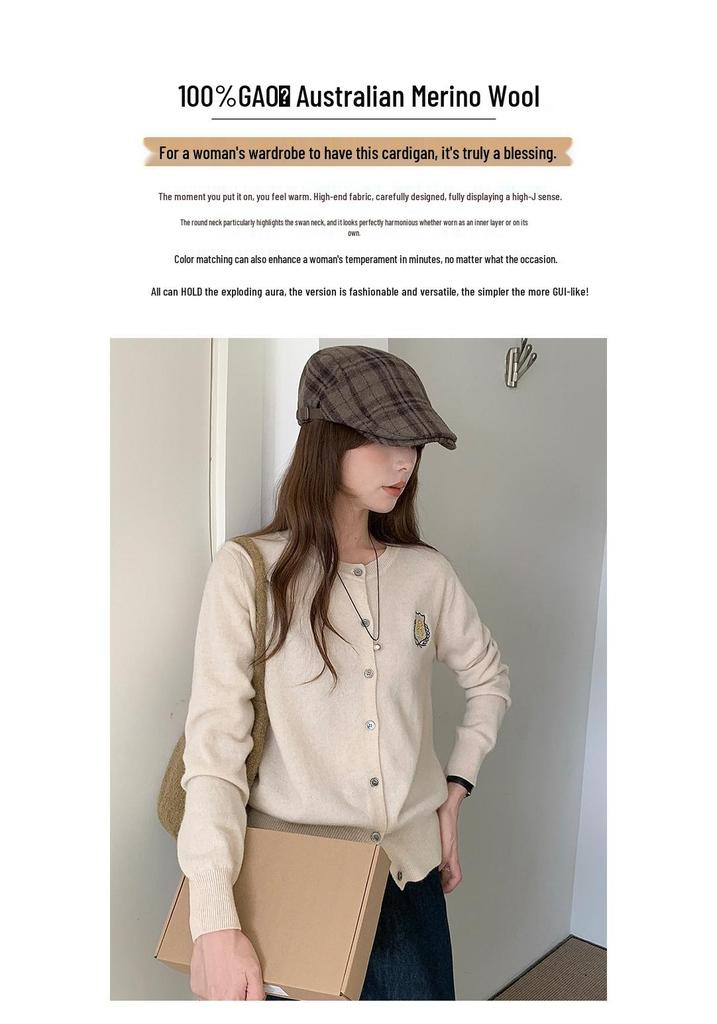 Women's Solid Color Pure Wool Cardigan with Embroidery Badge - Korean Style Round Neck Knit Outerwear for Autumn and Winter