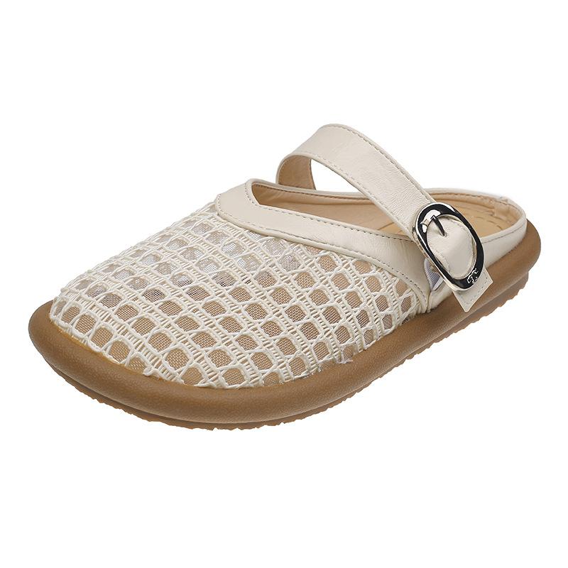 French Slippers Women's Bag Head Hollow Flat Bottom Cool Slippers Summer New Casual Half Slippers 2025 Fairy Style Shoes