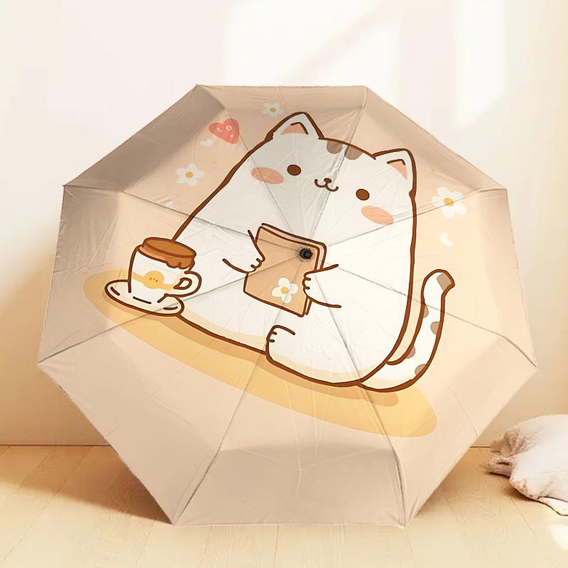 Charming Cat with Coffee and Book: Cute Day Companion   Auto Open/Closed Umbrella, Outdoor Travel Accessory, Lightweight & Durable 118