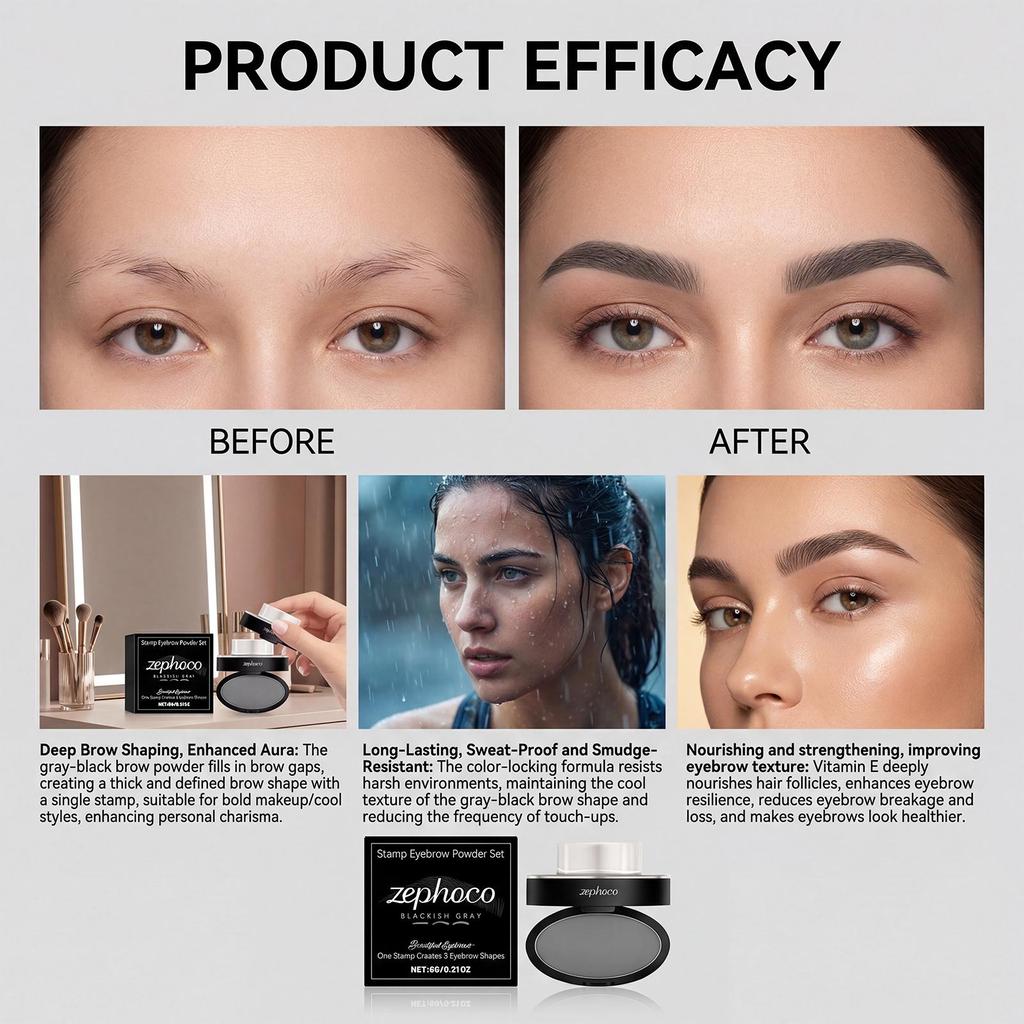 Zephoco Black and Gray Seal Eyebrow Powder Set Waterproof and Not Easy To Smudge Seal Auxiliary Thrush Daily Soft Natural Eyebrow Makeup 1pc