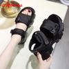 Fashion Aphixta New Buckle Height Increaming Canvas Platfom Sandals Women 3.15 Inch Wedge Heel Shoes Hook & Loop Thick Bottom Slides