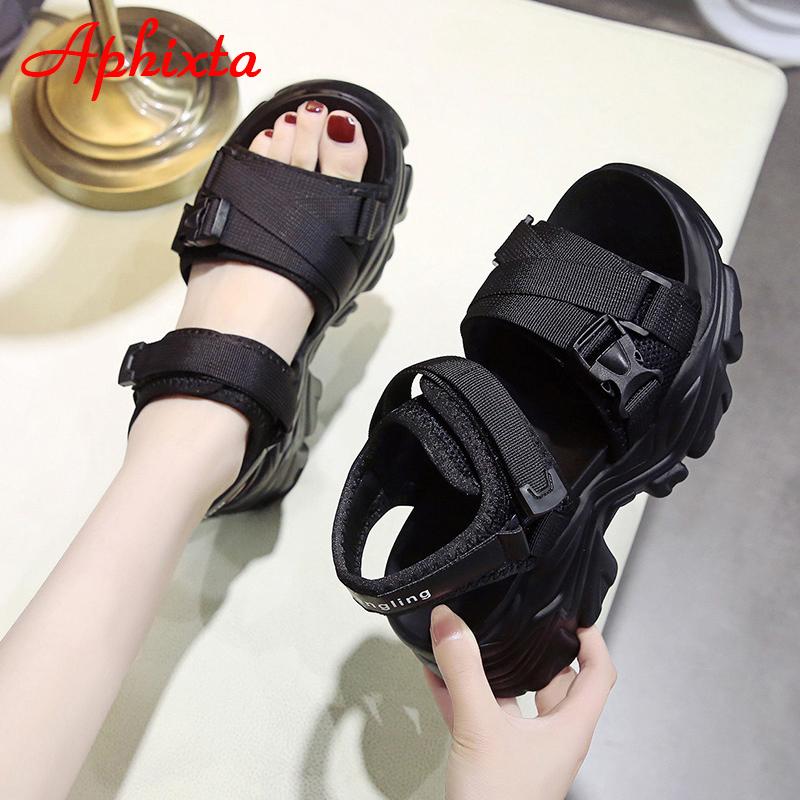 Fashion Aphixta New Buckle Height Increaming Canvas Platfom Sandals Women 3.15 Inch Wedge Heel Shoes Hook & Loop Thick Bottom Slides
