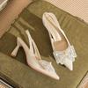7513-6 [sheepskin] Pointed High Heels Women's 2025 New Bag Head Rhinestone Bow Back Empty Stiletto Sandals
