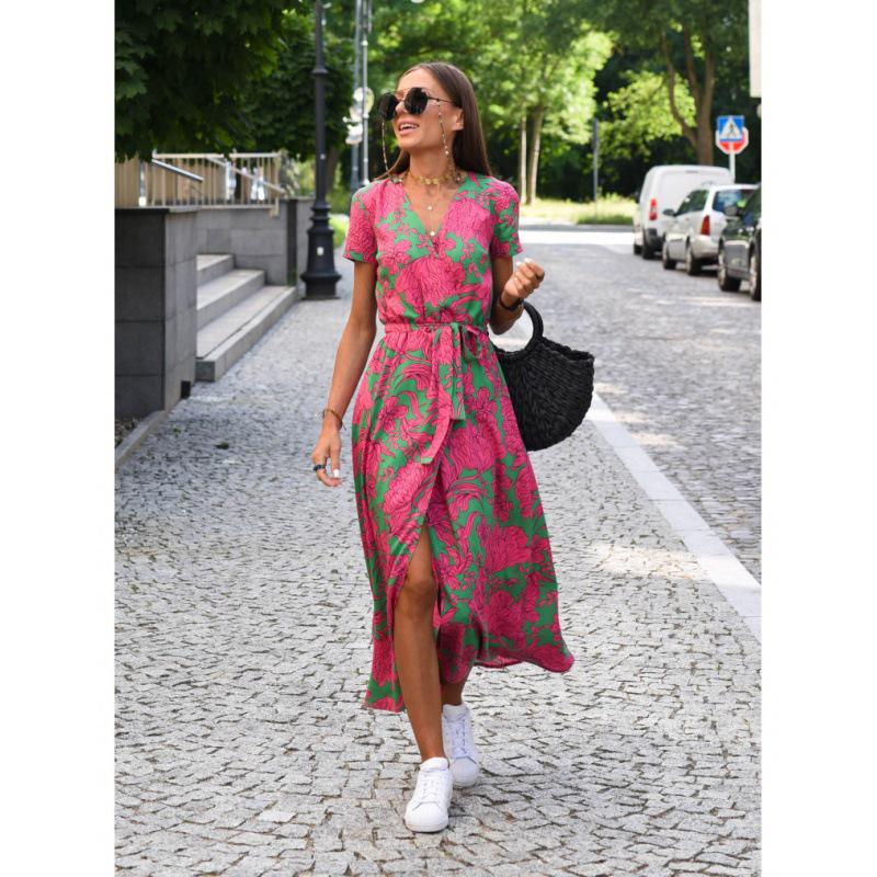 2026 European & American Women's Summer V-neck Floral Lace-up Dress