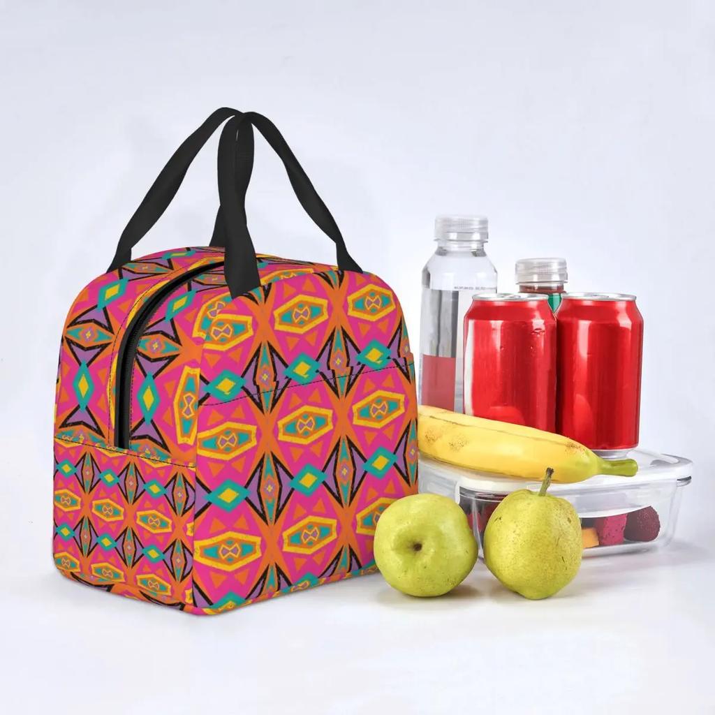 African Tribal Ankara Fabric Style Pink Thermal Insulated Lunch Bags Women Geometric Ethnic Art Portable Lunch Tote Food Box
