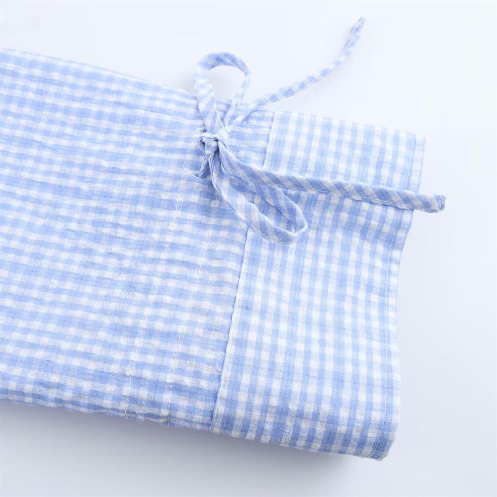 Spring 2025 Women's Sweet Plaid Tie-Collared Short Shirt