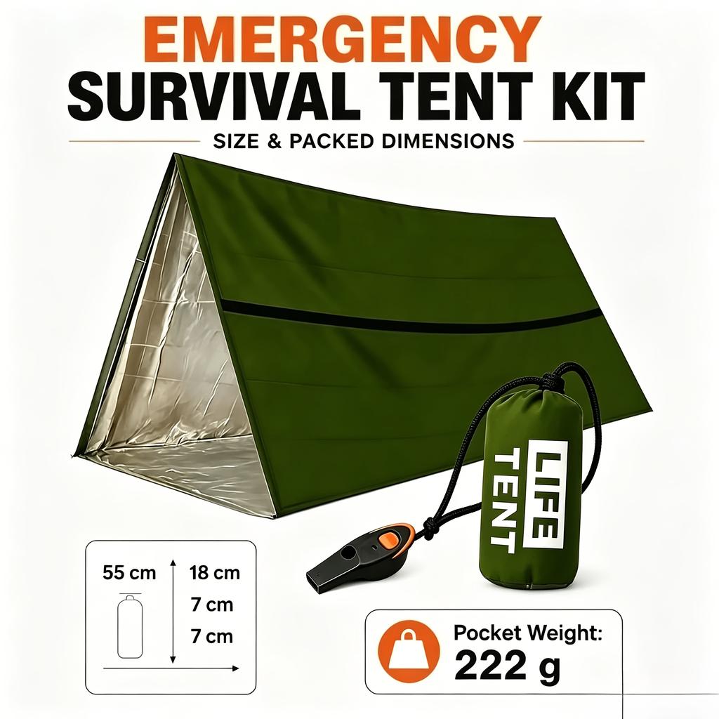 Portable emergency survival tent, snow-proof warm shelter, tubular rainproof fabric, army green tough guy style, with whistle and paracord storage