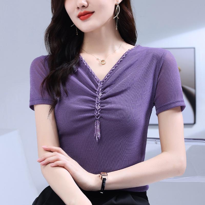 

Women s Summer V-Neck Beaded Gauze Dress - Western-Style Short Sleeve Slim Fit Top 4XL фіолетовий
