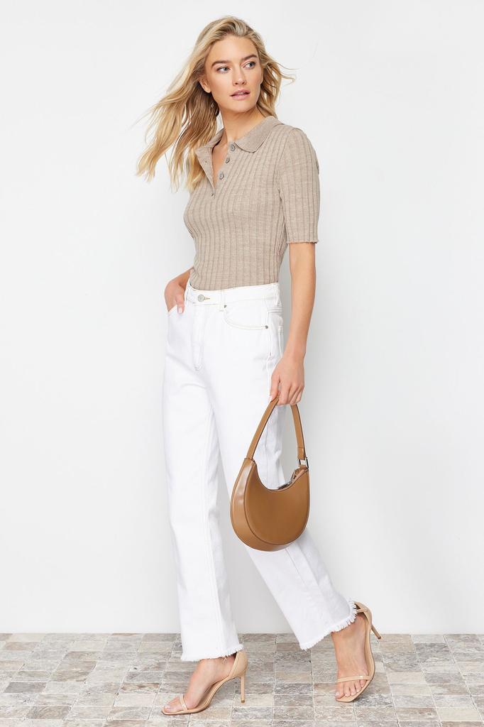 Women's Fashionable Stylish Sweater Mink Basic Polo Neck T-Shirt Look Knitwear Sweater